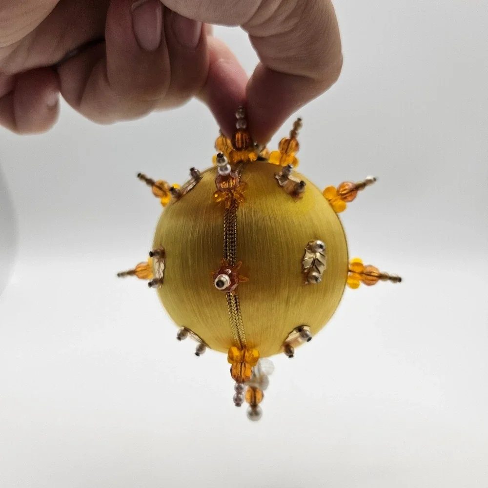 Vintage Handmade Christmas Ornament Yellow Gold Beaded Ball Unique Holiday Decor